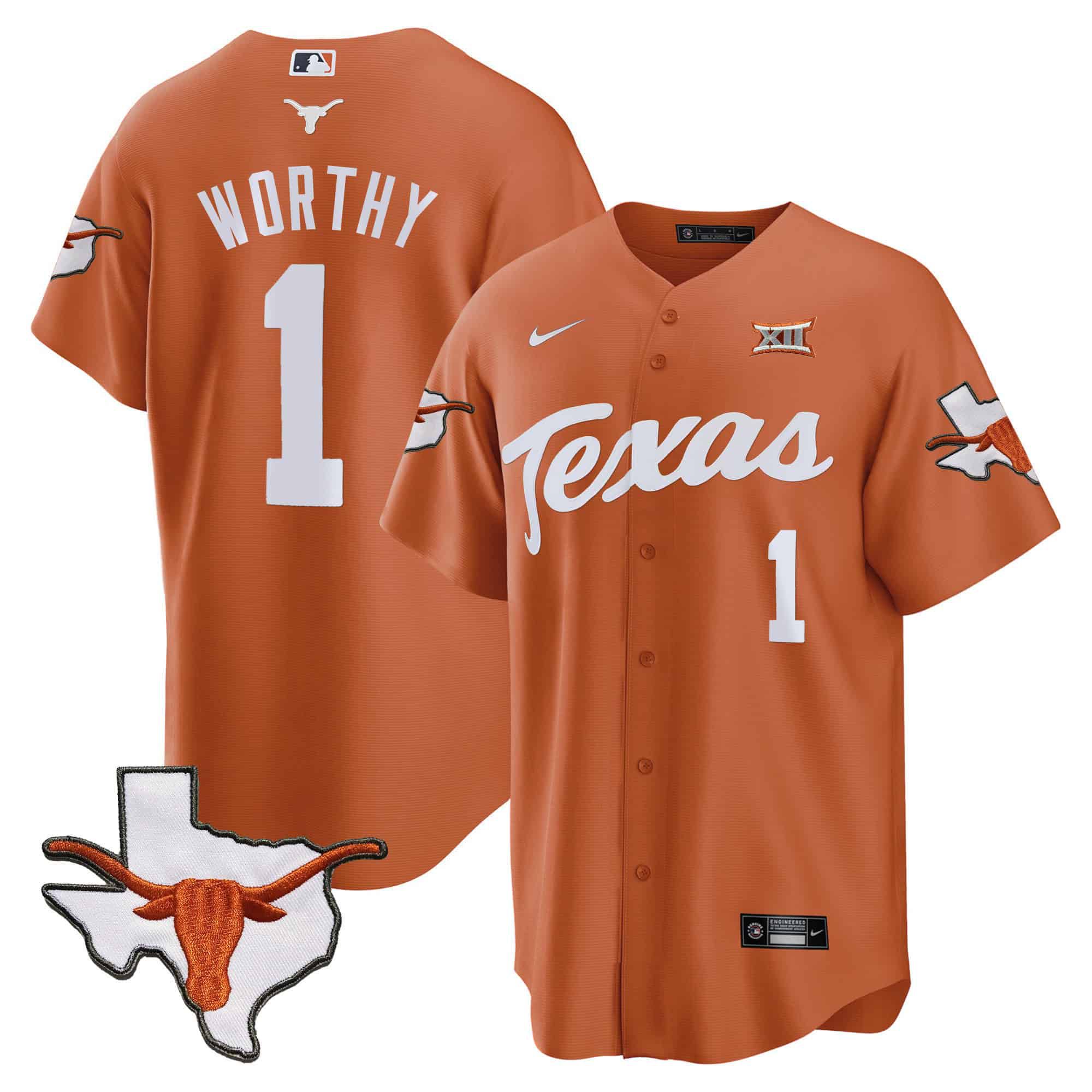 Men Texas Longhorns #1 Worthy Orange 2024 Baseball NCAA Jersey style 1